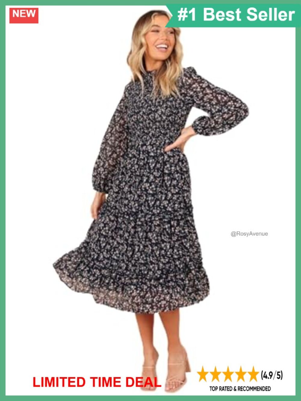 Shirred Frill Long Sleeve Midi Dress A-Line Button Back